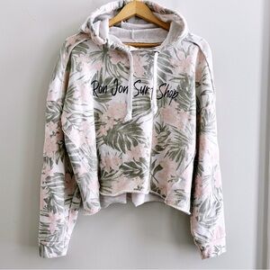 Ron Jon Surf Shop Crop Hoodie Pink Leaf Print Women's Medium Oversized